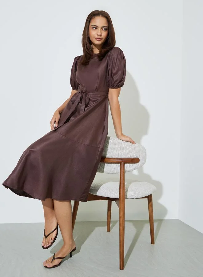 Puff Sleeve A-Line Midi Dress Brown