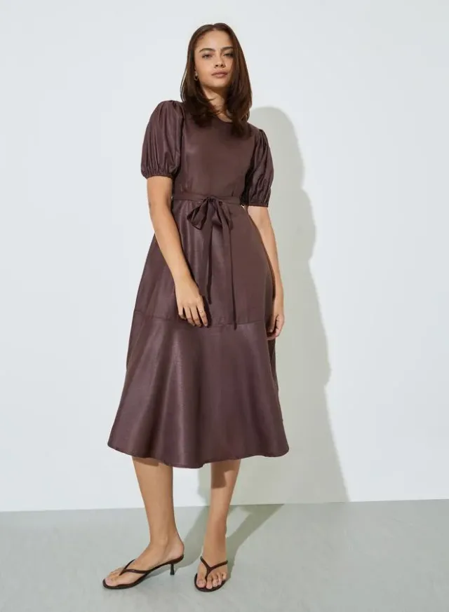 Puff Sleeve A-Line Midi Dress Brown – image 3