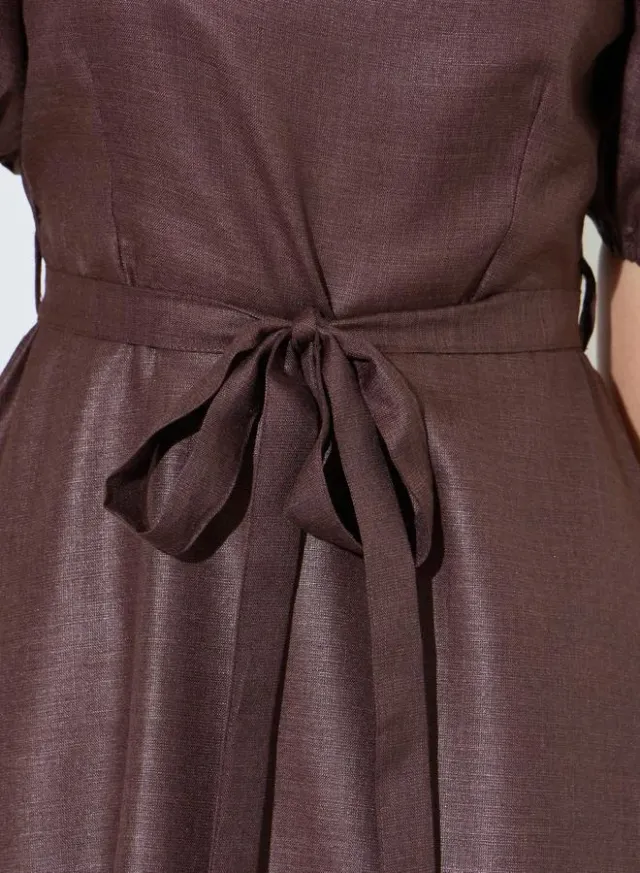 Puff Sleeve A-Line Midi Dress Brown – image 4
