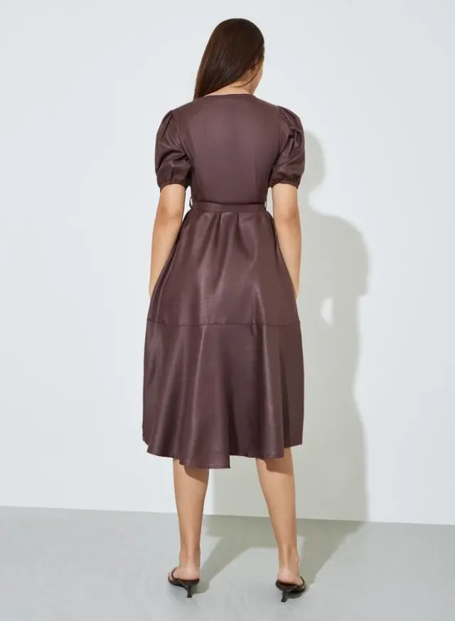 Puff Sleeve A-Line Midi Dress Brown – image 5