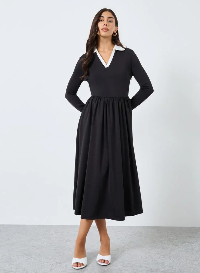 Midi Dress Open Collar Black