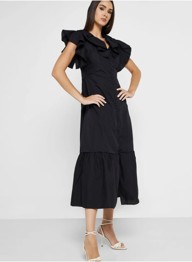 A-Line Ruffled Cotton Dress, Black