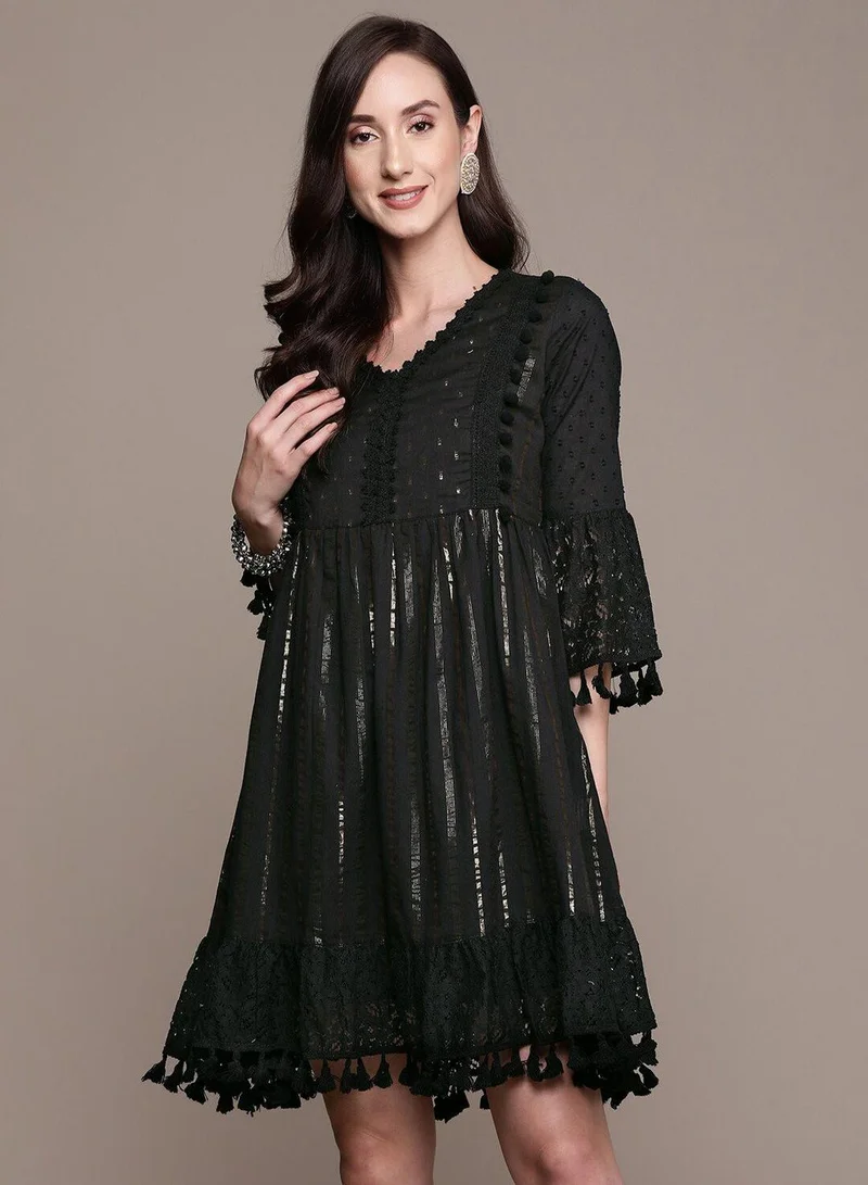 Fit and Flare Self Design Dress Off-White