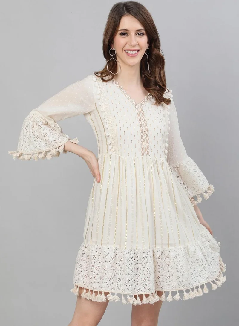 Fit and Flare Self Design Dress Off-White