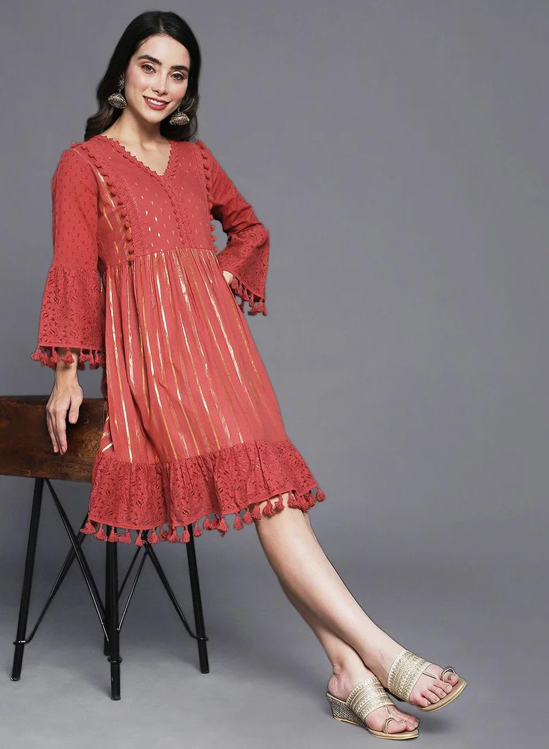 Fit and Flare Self Design Dress Off-White