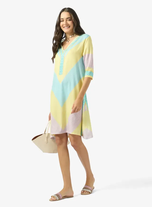 Pastel Yellow V-Neck Stripe Kaftan Midi Dress – image 4