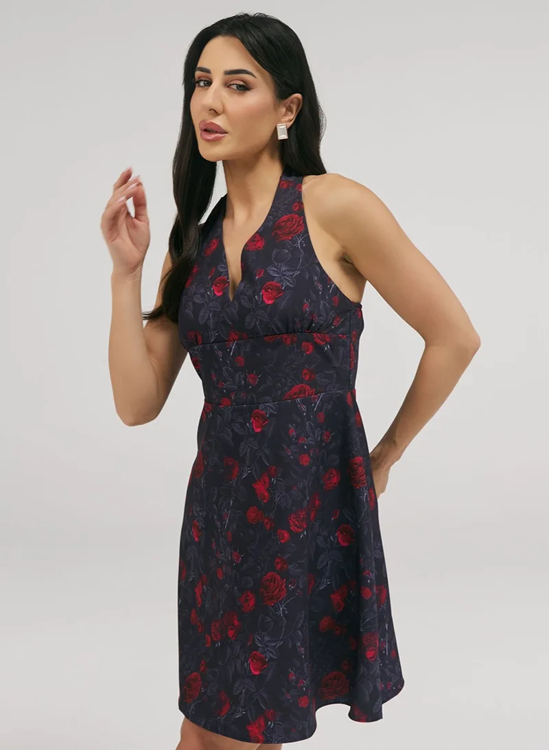 Printed Tie-Neck Halter Dress