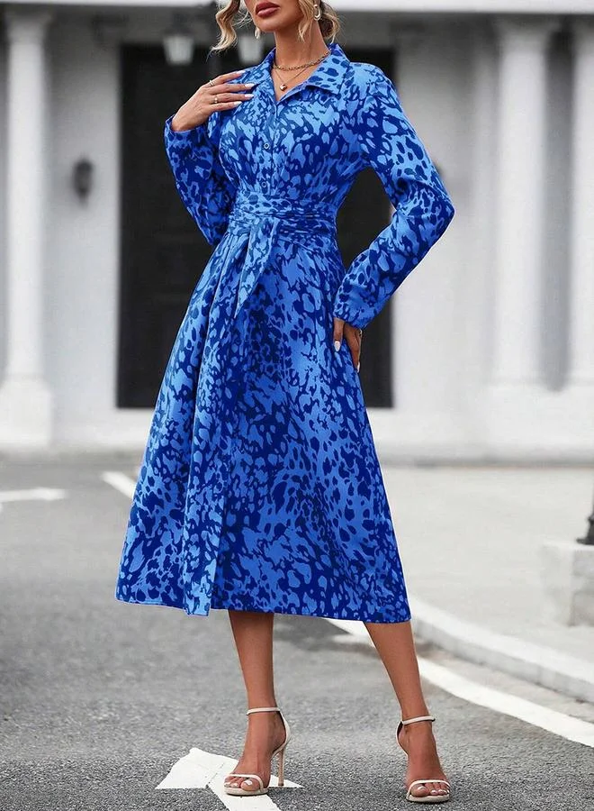 Women's Printed Belted Button-Front Long Sleeve Midi Dress