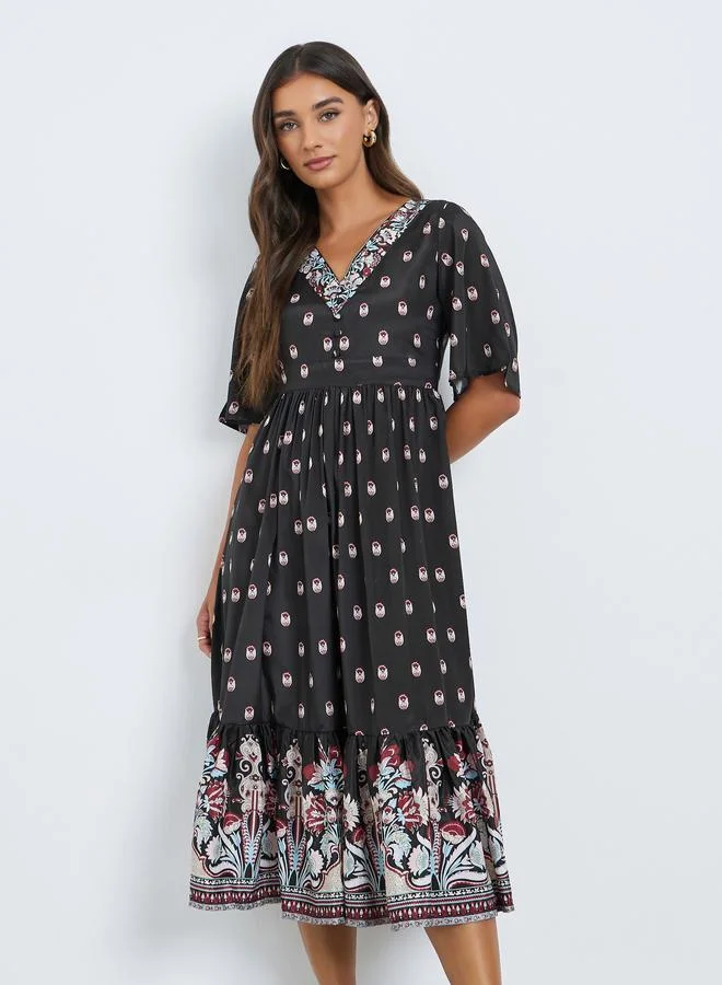 Floral Print A-Line Midi Dress Black