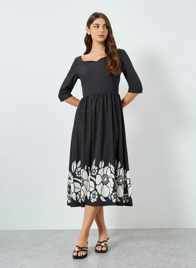 Floral Print A-Line Midi Dress Black