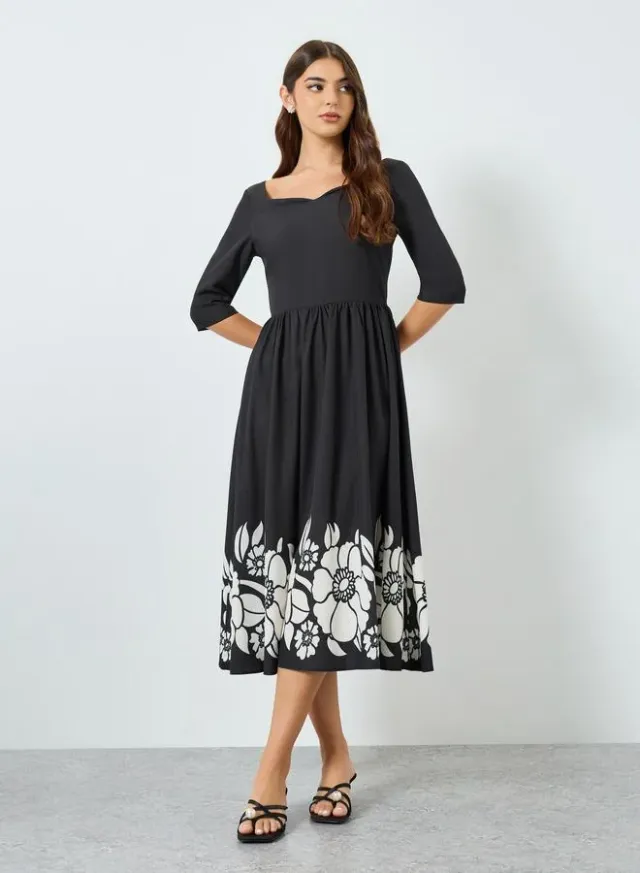 Floral Print A-Line Midi Dress Black