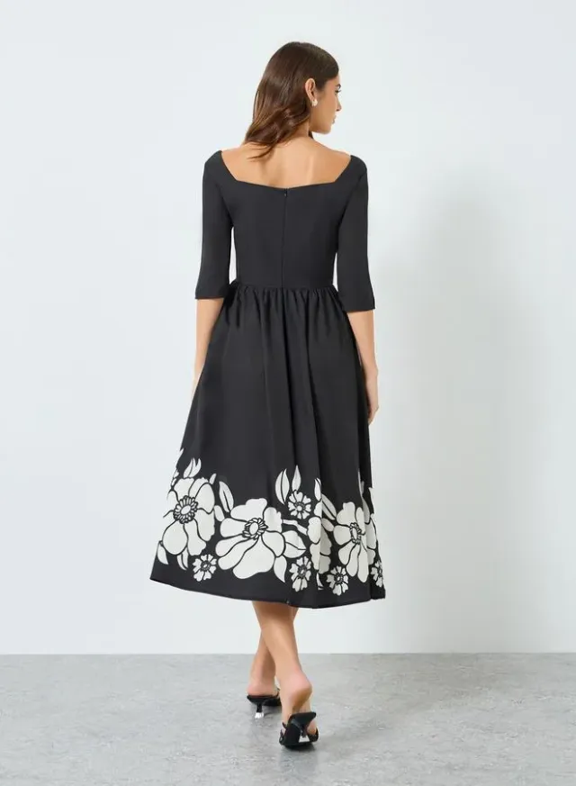 Floral Print A-Line Midi Dress Black – image 5