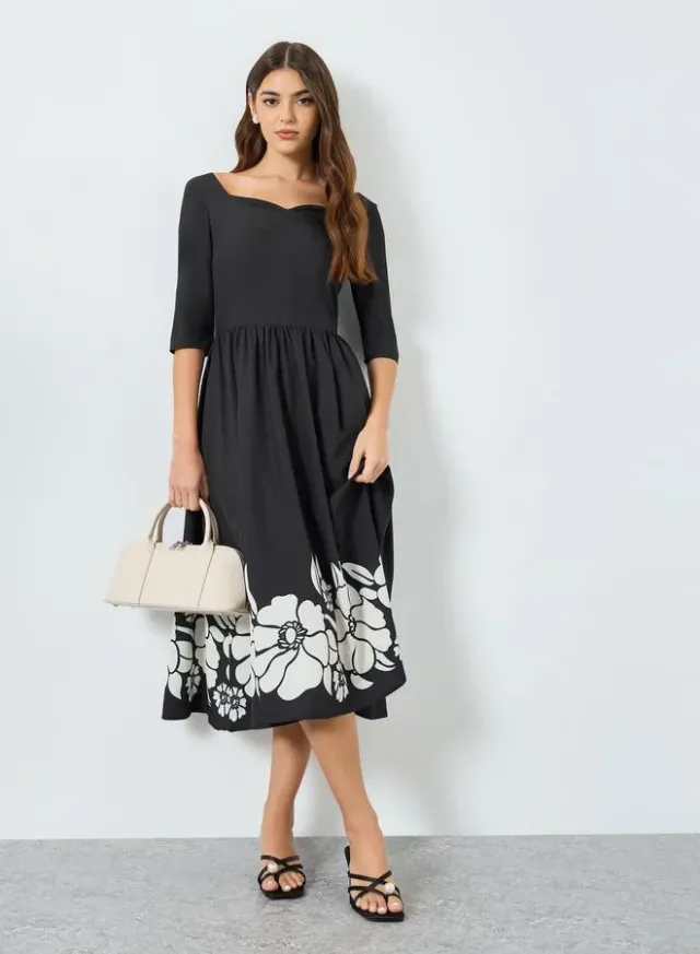 Floral Print A-Line Midi Dress Black – image 6