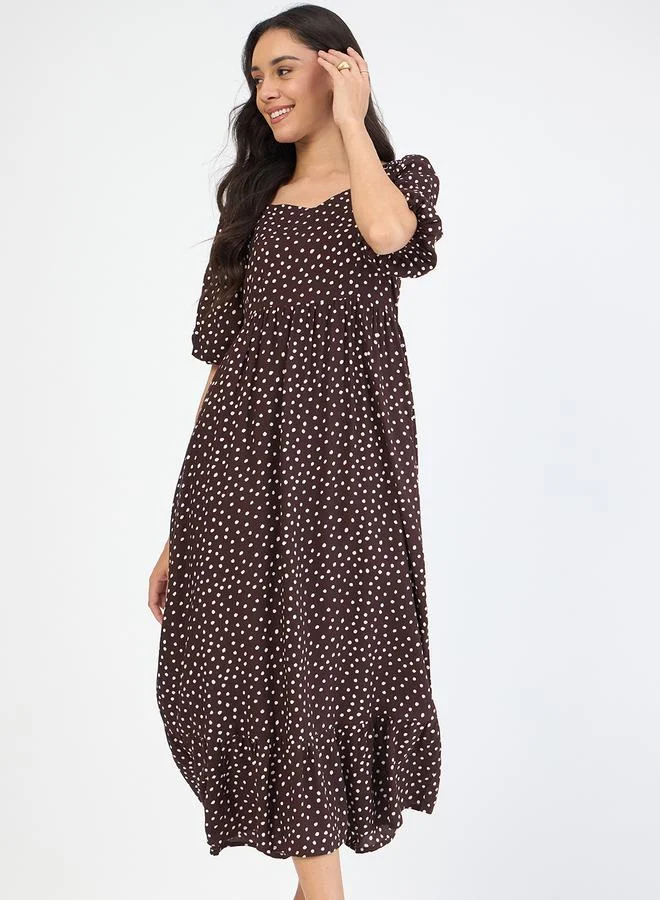 Women's Polka Sweetheart Neck Maxi Dress Brown