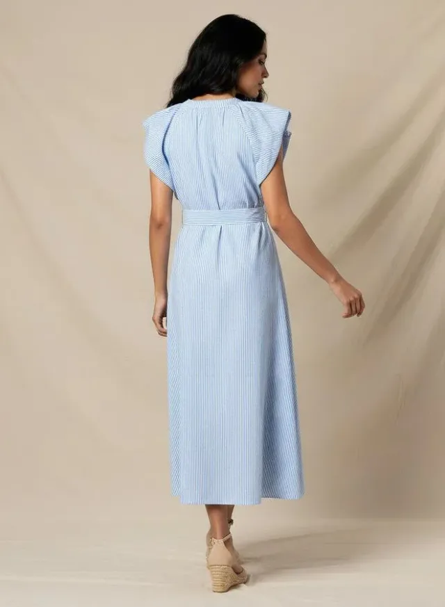 فستان ميدي أزرق مخطط بقصة A-line بحزام ربط (قطن) – صورة 3