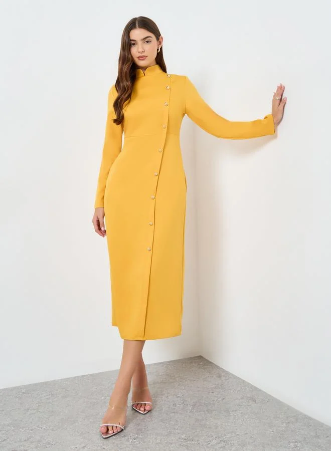 Stand-Up Collar Button-Detail Midi Dress