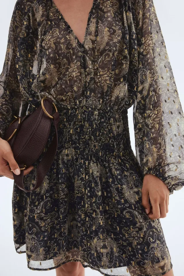 Blue Dark Printed Fit & Flare Smocked Chiffon Midi Dress – image 4