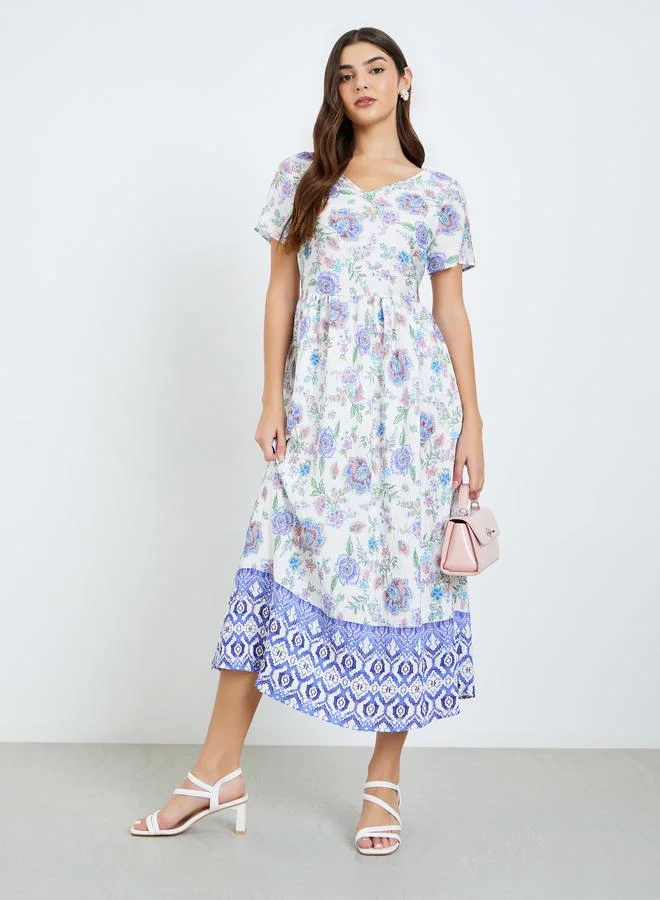 Floral Print A-Line Midi Dress Blue