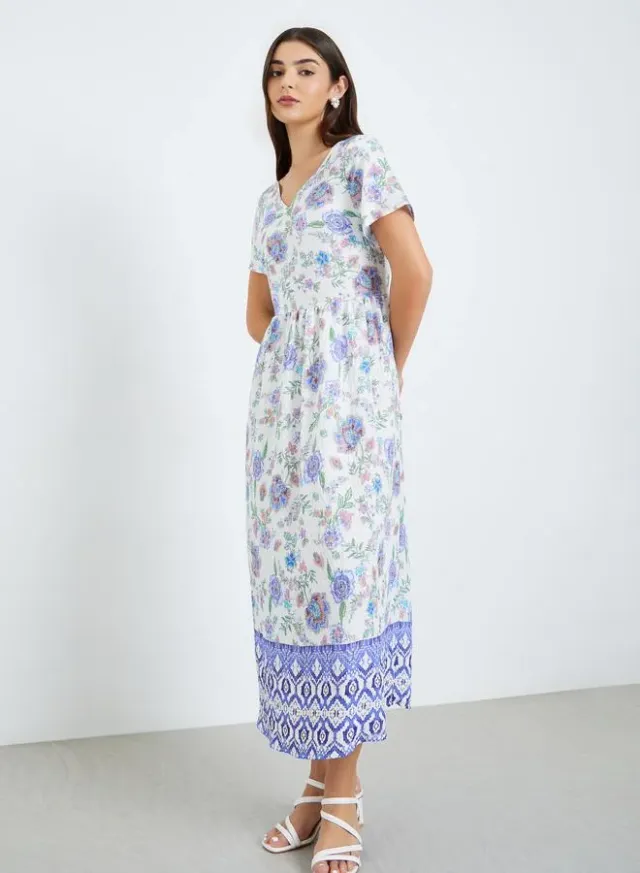 Floral Print A-Line Midi Dress Blue – image 5