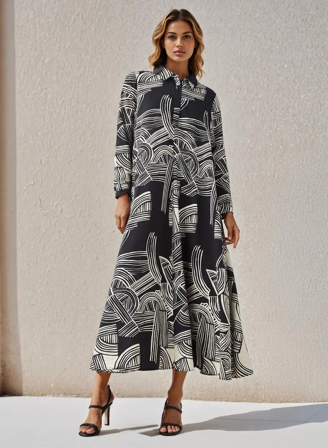 Women's Printed Shirt Dress with Collar