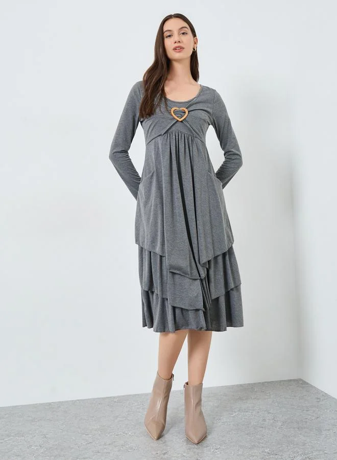 Ruffled Hem Metal Heart Front Midi Dress Grey