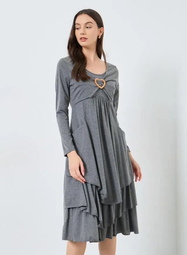 Ruffled Hem Metal Heart Front Midi Dress Grey – image 2