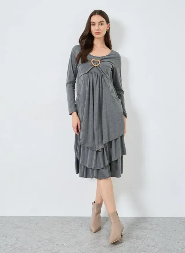 Ruffled Hem Metal Heart Front Midi Dress Grey – image 3