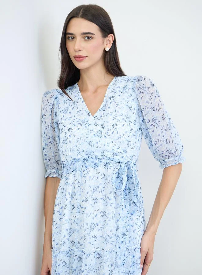 Floral Wrap Midi Dress Blue