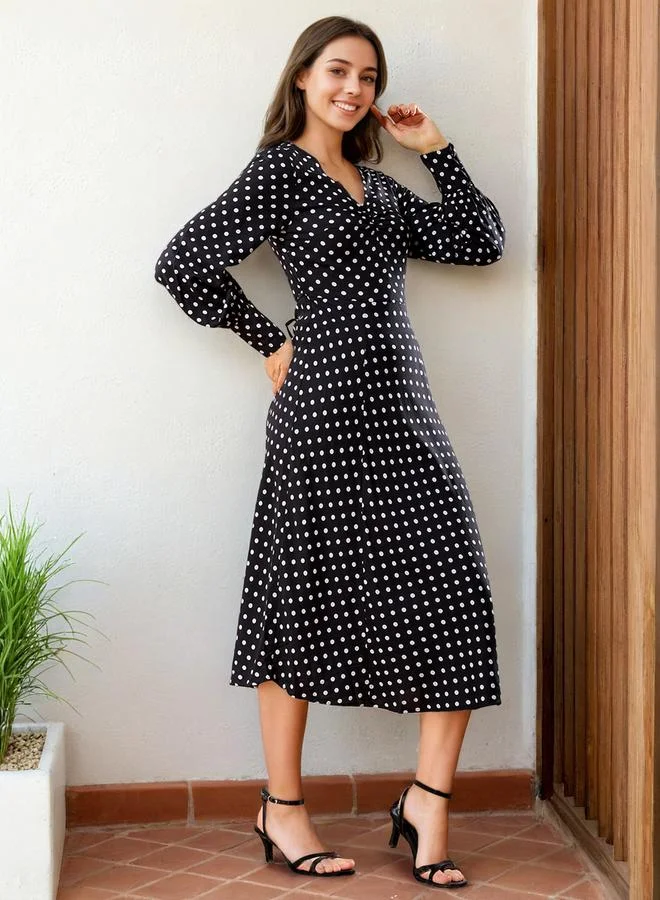 Polka Dot Long Sleeve Midi Dress Black