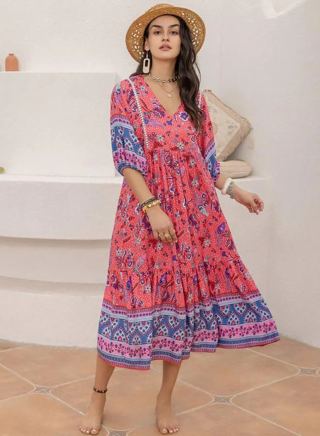 Floral Print Half-Sleeve V-Neck Midi Dress