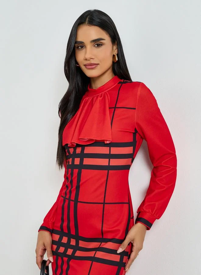 Checked Long Sleeve Bodycon Midi Dress Red