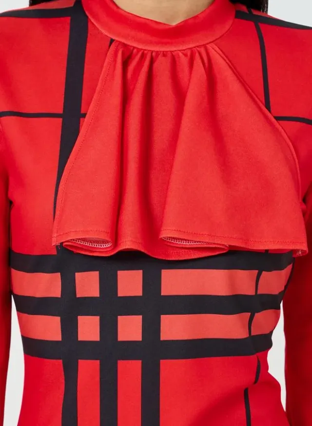 Checked Long Sleeve Bodycon Midi Dress Red – image 4