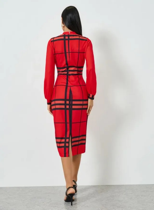 Checked Long Sleeve Bodycon Midi Dress Red – image 5