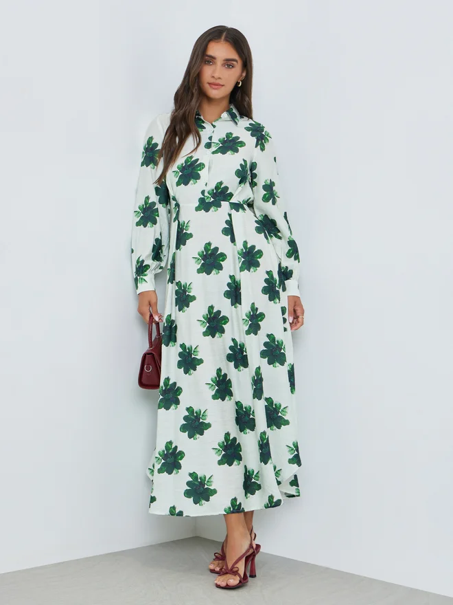 Floral Cuffed Shirt Maxi Dress Green