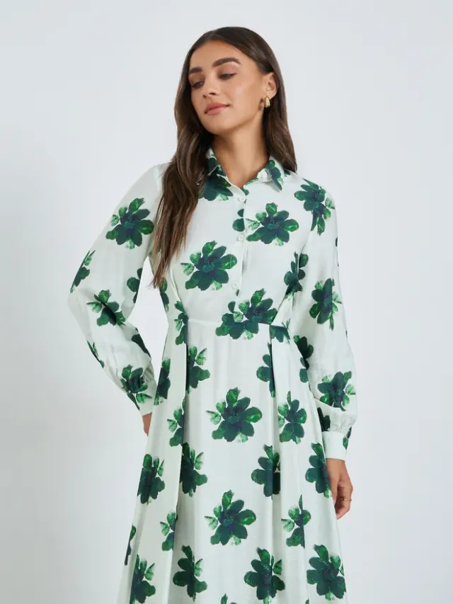 Floral Cuffed Shirt Maxi Dress Green – image 2