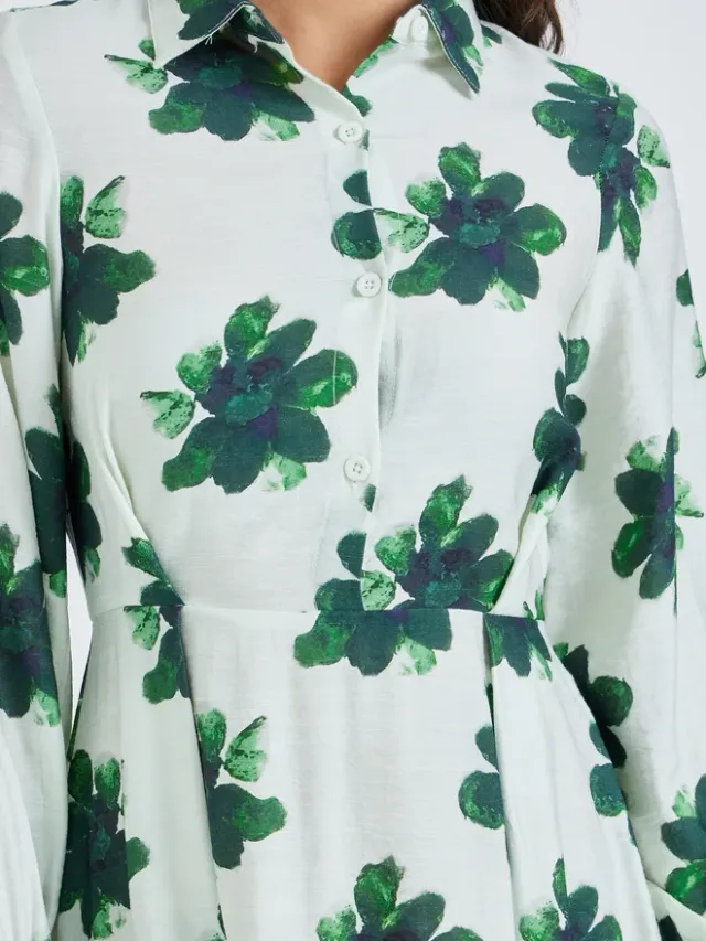 Floral Cuffed Shirt Maxi Dress Green – image 4