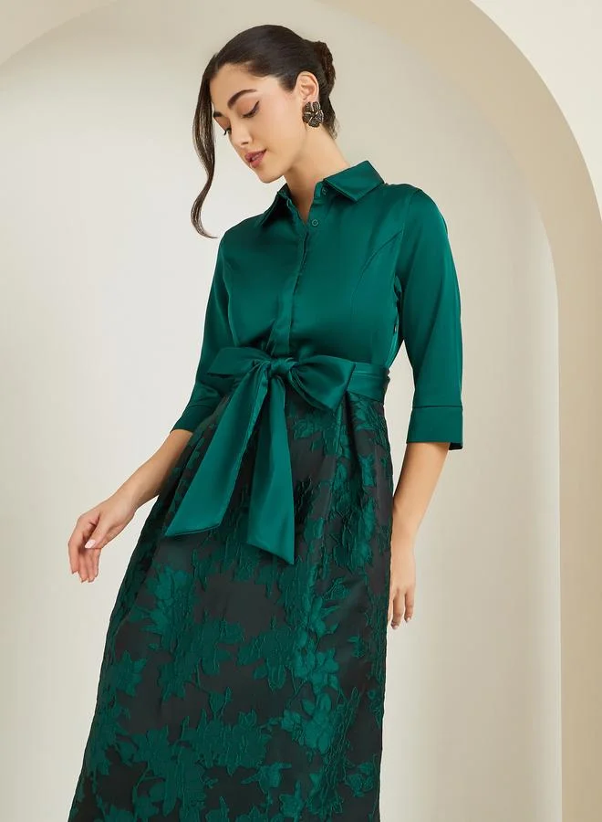 Floral Cuffed Shirt Maxi Dress Green