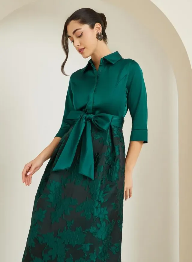Floral Cuffed Shirt Maxi Dress Green