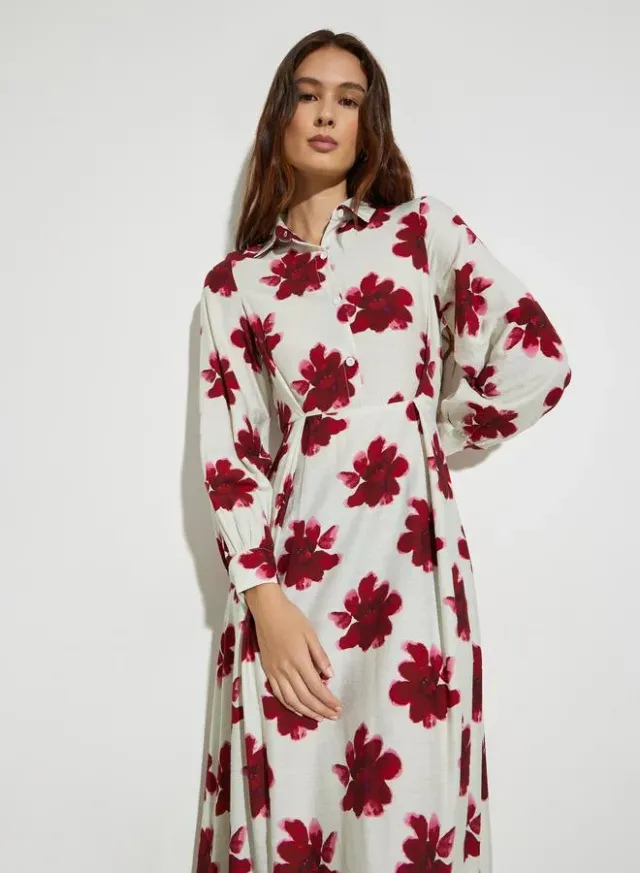 Floral Cuffed Shirt Maxi Dress Green
