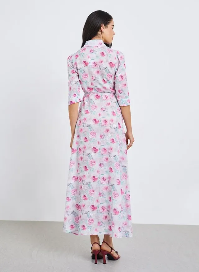 Floral Cuffed Shirt Maxi Dress Green – image 5
