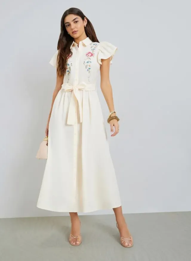 Floral Cuffed Shirt Maxi Dress Green