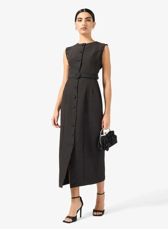 Black Midi Shirt Dress with Slit - Round Neck, Sleeveless – image 4