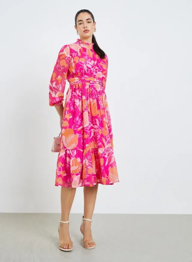 Women's Floral A-Line Midi Dress Pink