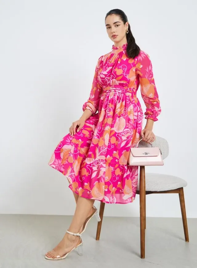 Women's Floral A-Line Midi Dress Pink – image 5