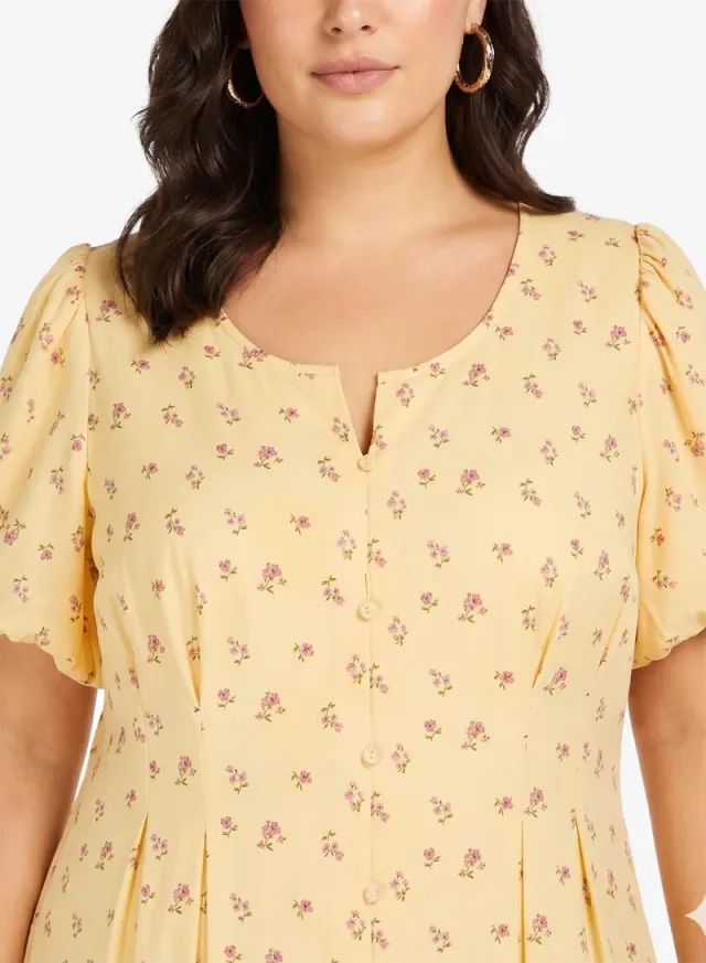 Pale Yellow Floral Print A-Line Midi Sun Dress – image 2