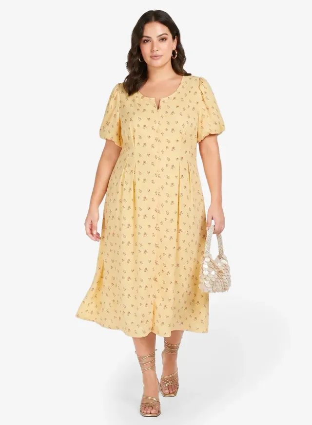 Pale Yellow Floral Print A-Line Midi Sun Dress – image 4