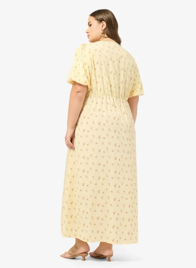 Pale Yellow Floral Print A-Line Midi Sun Dress – image 5
