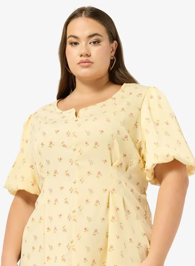 Pale Yellow Floral Print A-Line Midi Sun Dress – image 6