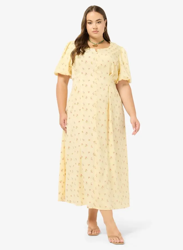 Pale Yellow Floral Print A-Line Midi Sun Dress – image 7