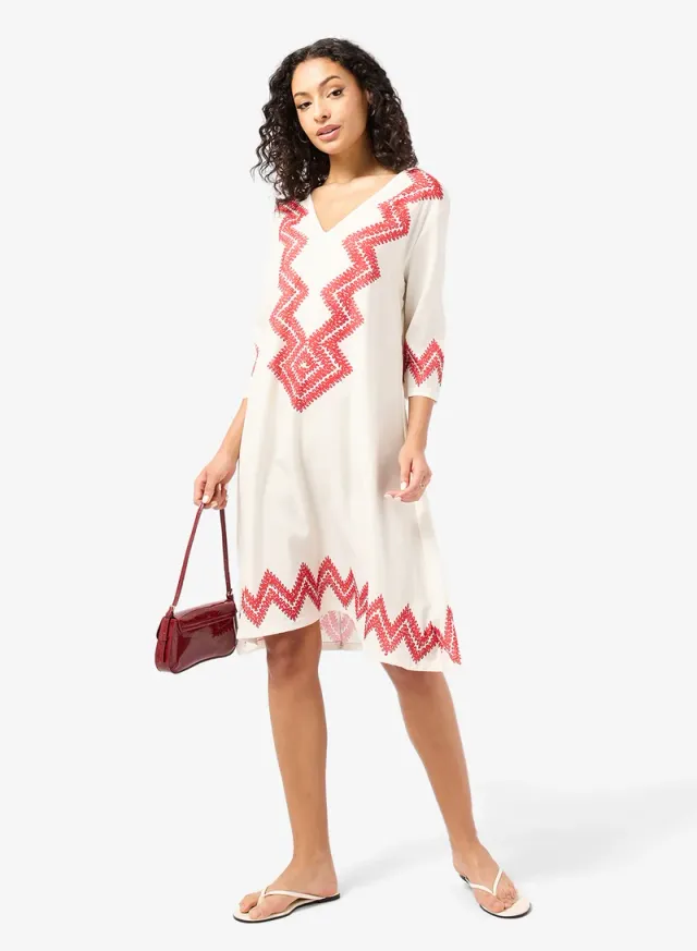 Off-White Chevron Embroidered Kaftan Dress with V Neck and 3/4 Sleeves – image 4